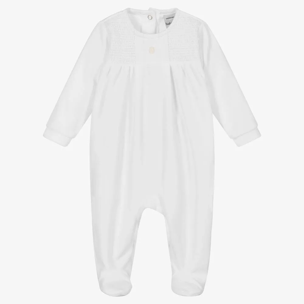 White Shirred Cotton Velour Babygrow