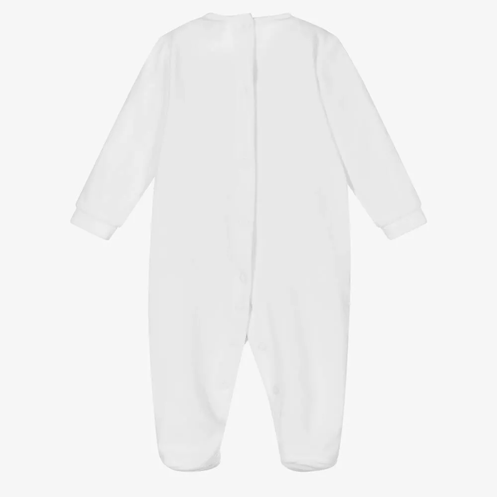 White Shirred Cotton Velour Babygrow