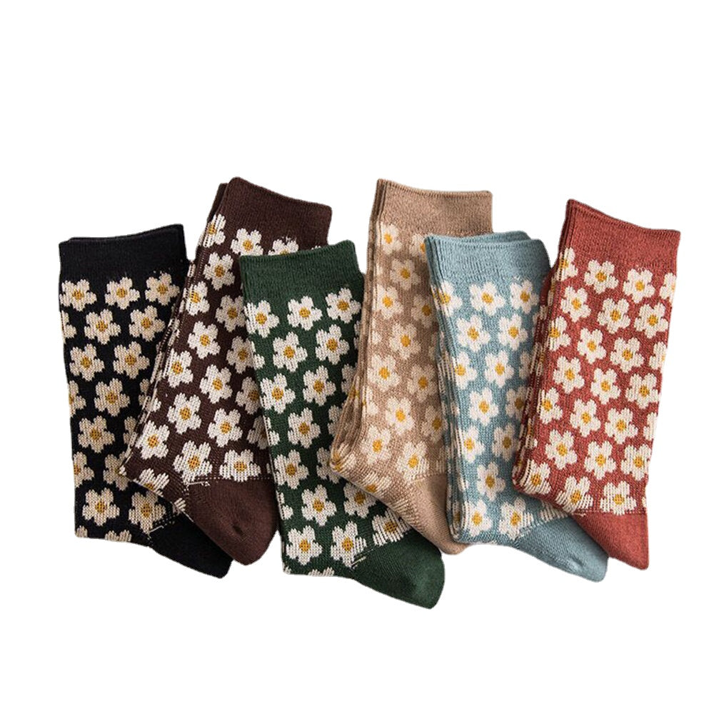 Women Cotton British Style Retro Floral Pattern Warm Casual Tube Socks