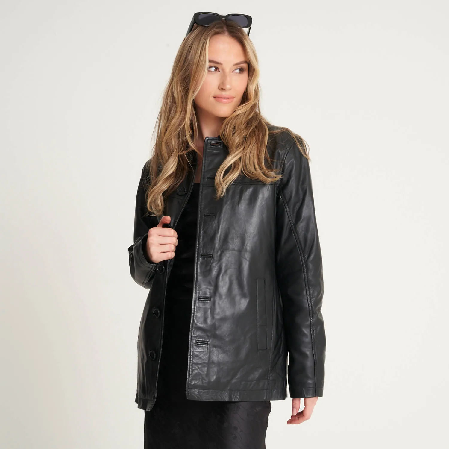 Women's Retro Leather Reefer Jacket - Barneys Originals